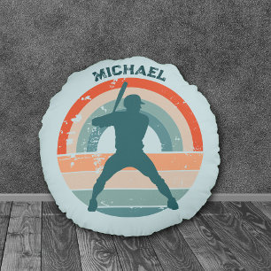 Blue Baseball Batter Retro Rainbow Rundes Kissen