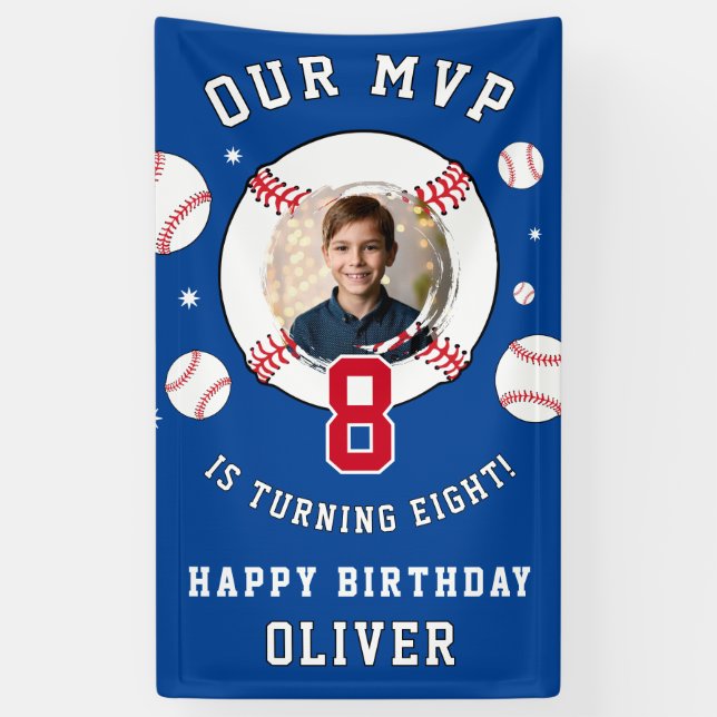Blue Baseball Themed Kindergeburtstag Foto Banner (Vertikal)