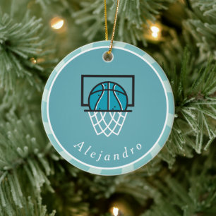 Blue Basketball Ball & Basket Player's Name Coach Keramik Ornament