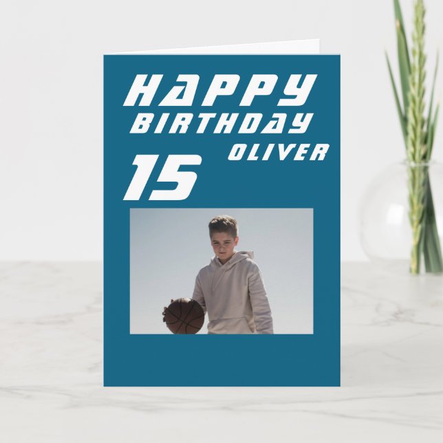 Blue Basketball Ball Boy Foto Happy Birthday Karte (Vorderseite)