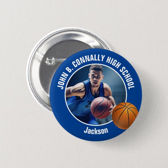 Blue Basketball Player Photo High School Spirit Button (Vorne & Hinten)