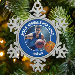 Blue Basketball Player Photo Keepsake Gift Schneeflocken Zinn-Ornament