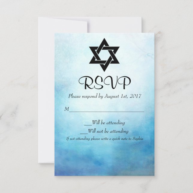 Blue Bat Mitzvah UAWG, Watercolor, Bat Mitzvah RSVP Karte (Vorderseite)