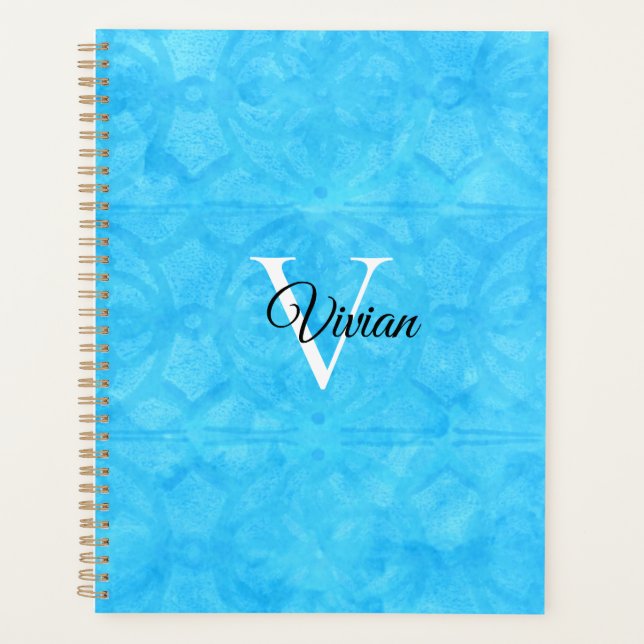 Blue Batik Elegant Monogram Name Planner Planer (Vorderseite)