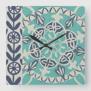 Blue Batik Tile I Quadratische Wanduhr