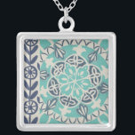 Blue Batik Tile I Versilberte Kette<br><div class="desc">floral</div>