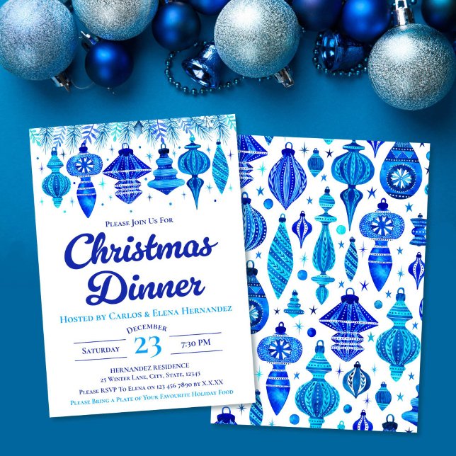 Blue Baubles Weihnachts-Abendessen Einladung (Blue Baubles Christmas Dinner Watercolor Invitation)