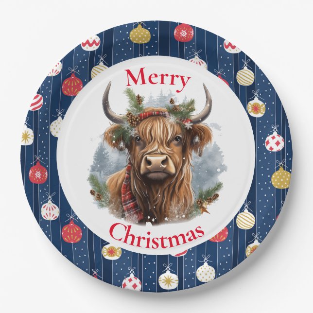 Blue Baulables Christmas Highlander Cow Pappteller (Vorderseite)