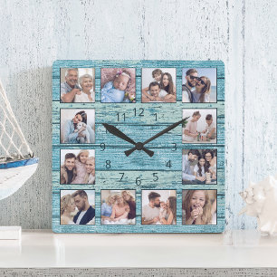 Blue Beach Driftwood Planks Rustic Nautical Quadratische Wanduhr
