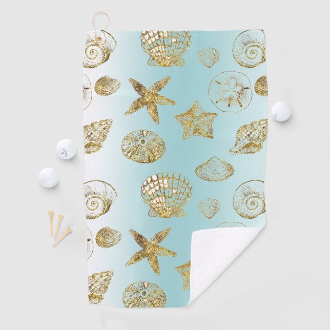 Blue Beach Gold Muscheln Golfhandtuch (Insitu)