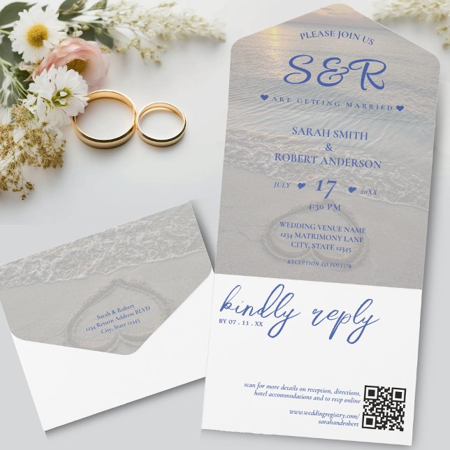 Blue Beach Heart QR Code Hochzeit All In One Einladung (Blue Beach QR Code Wedding All In One Invitation)