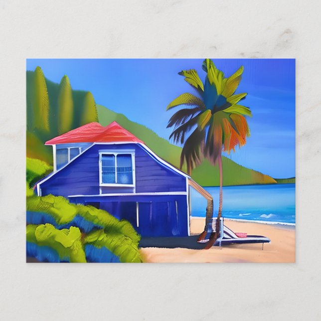 Blue Beach House und Palm Tree | BEHALTEND TOUCH Postkarte (Vorderseite)