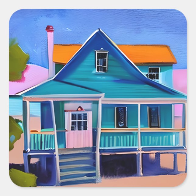 Blue Beach House Urlaub Quirky Art Quadratischer Aufkleber (Vorderseite)