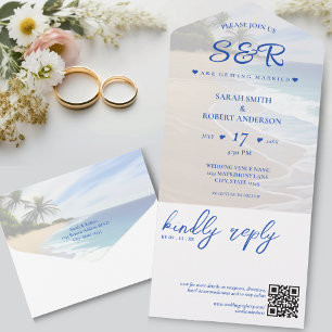 Blue Beach Island Palm Tree Hochzeit in Urlaubsort All In One Einladung