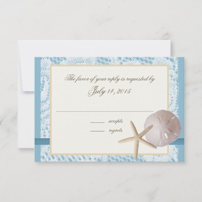 Blue Beach Lace Sand Dollar und Starfish RSVP Karte (Vorderseite)