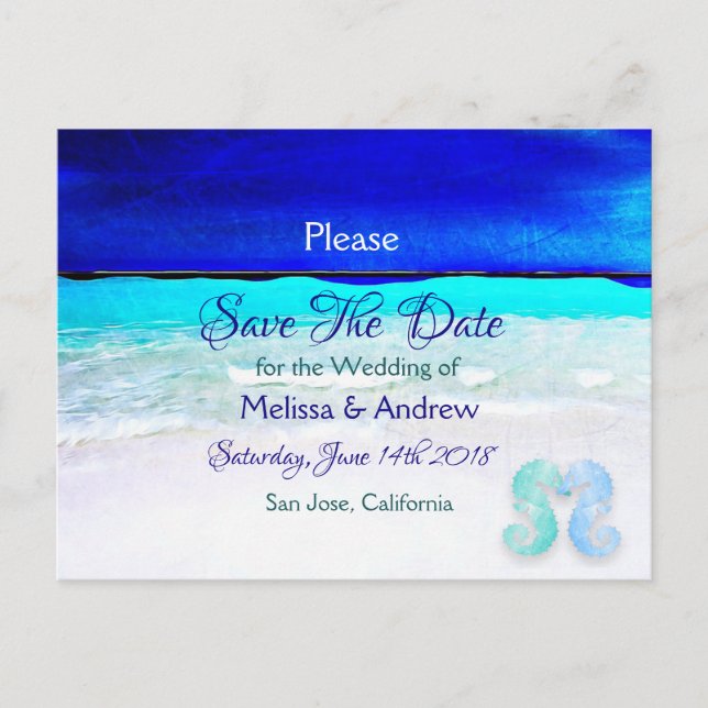 Blue Beach Ocean Themed Wedding Save the Date Ankündigungspostkarte (Vorderseite)