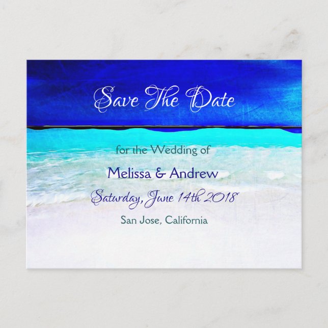 Blue Beach Ocean Themed Wedding Save the Date Ankündigungspostkarte (Vorderseite)