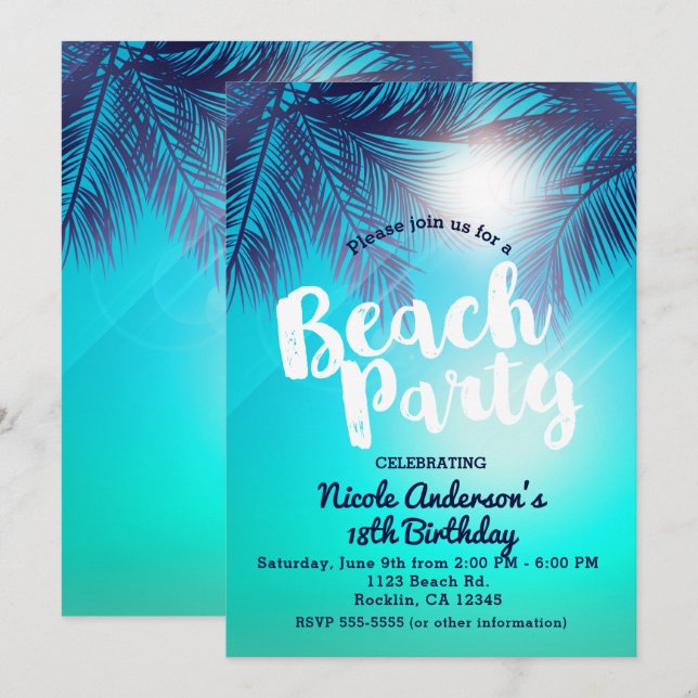 Blue BEACH PARTY Sunny Palm Trees Sommer Geburtsta Einladung (Vorne/Hinten)
