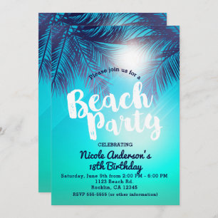 Blue BEACH PARTY Sunny Palm Trees Sommer Geburtsta Einladung