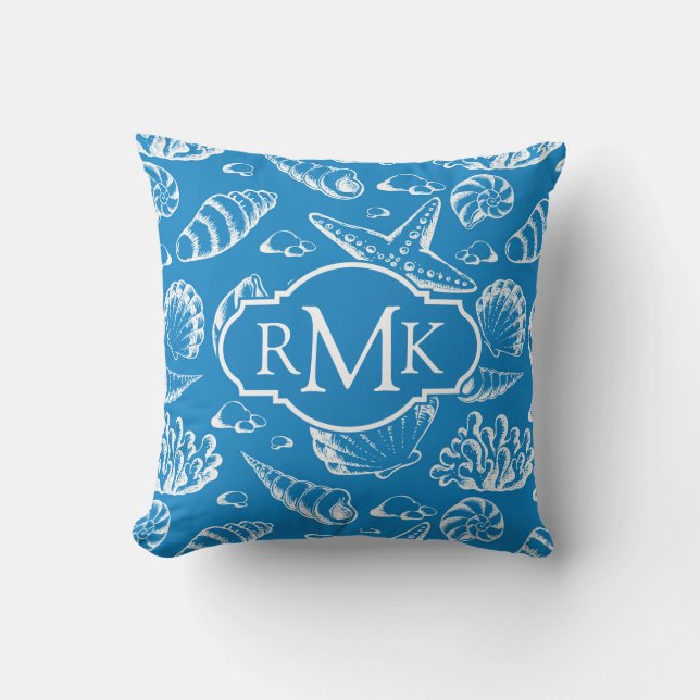 Blue Beach Pattern | Monogramm Kissen (Vorderseite)