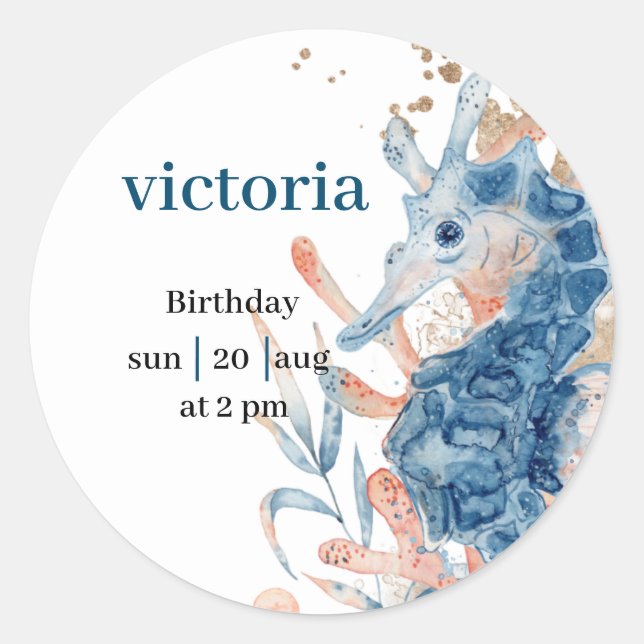  Blue Beach seahorse shell sea babyShower  Runder Aufkleber (Vorderseite)