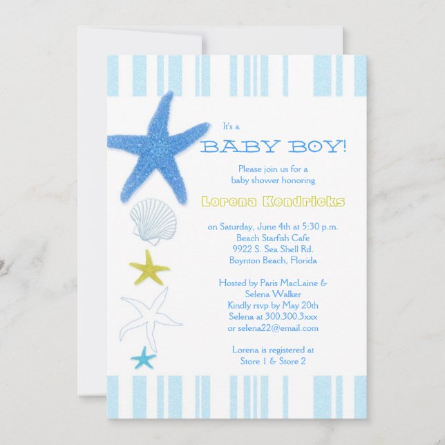 Blue Beach Starfish Striped Baby Baby Babydusche Einladung (Vorderseite)