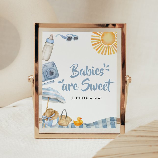 Blue Beach Summer Baby Dusche Babys sind süß Poster (Boy Splish Splash Baby Shower Babies are Sweet Sign)