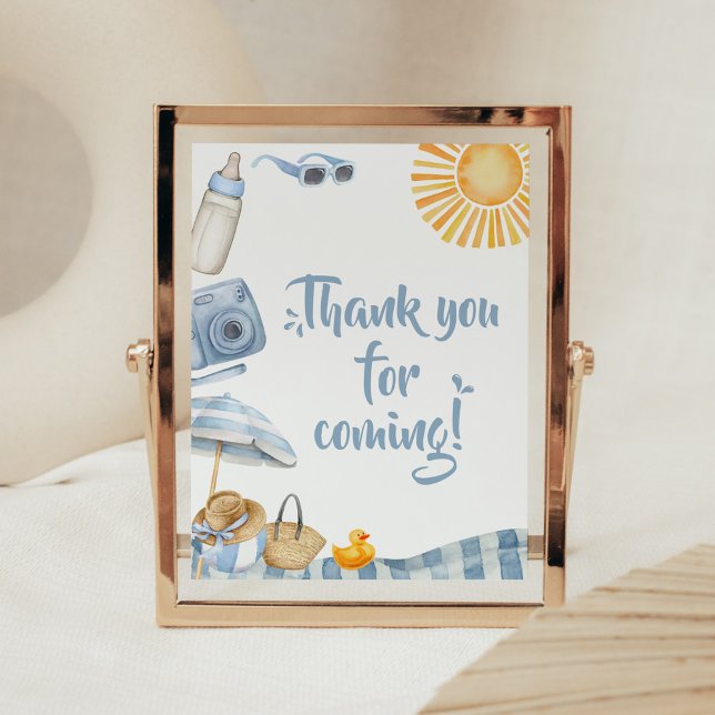 Blue Beach Summer Baby Dusche Danke Karte Poster (Boy Splish Splash Baby Shower Thank you for Coming Sign)