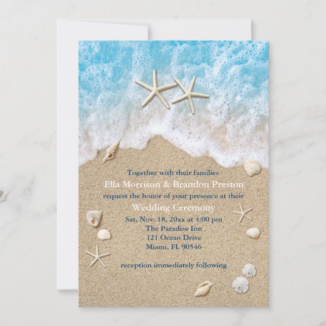 Blue Beach Waves & Starfish Einladung zum Hochzeit (Vorderseite)
