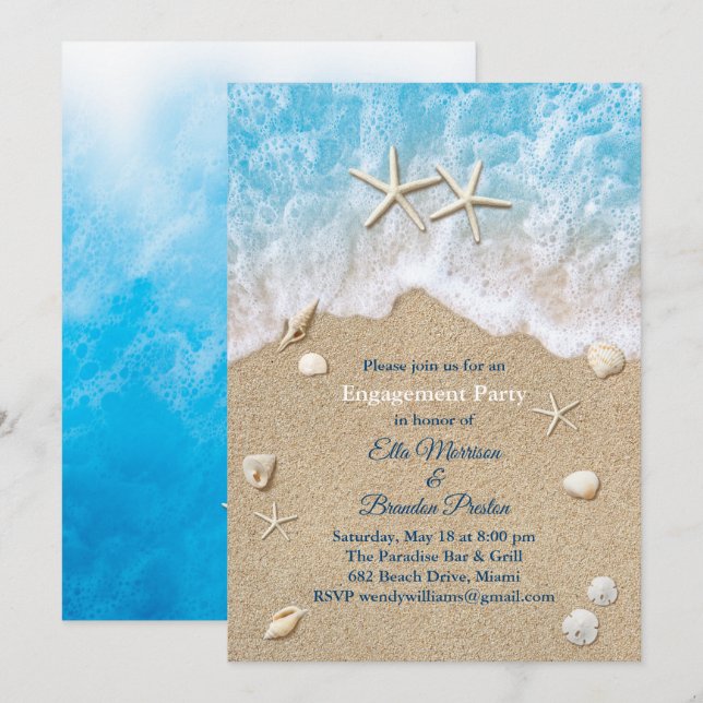 Blue Beach Waves & Starfish Engagement Party Einladung (Vorne/Hinten)