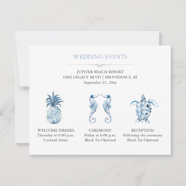 Blue Beach Wedding Event Details with QR Code Einladung (Vorderseite)