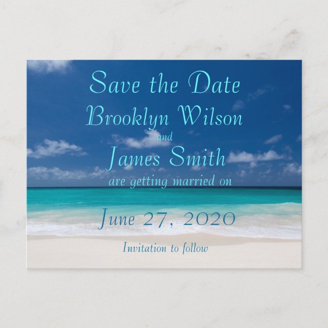 Blue Beach Wedding Save the Date Postcard Ankündigungspostkarte (Vorderseite)