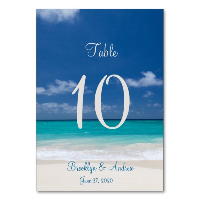 Blue Beach Wedding Table Cards Platzkarten Tischnummer (Vorderseite)