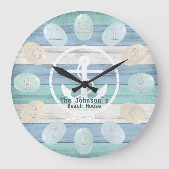 Blue Beach Wood Sea Glass & Anchor Große Wanduhr (Vorderseite)