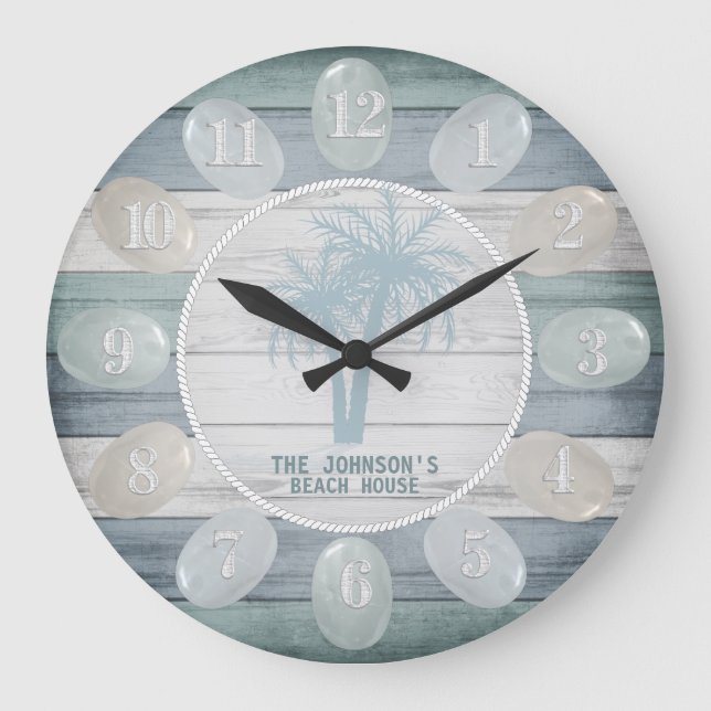 Blue Beach Wood Sea Glass & Palm Trees Große Wanduhr (Vorderseite)