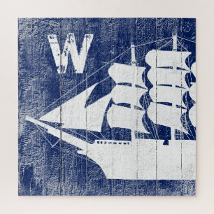 Blue Beach Wood White Monogram Puzzle