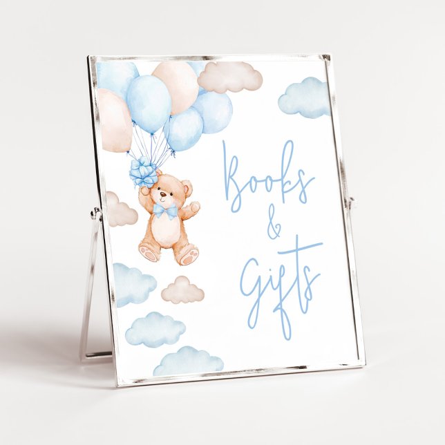 Blue Bear Balloon Baby Duschbücher und Geschenke Poster (Blue Baby Bear Balloon Baby Shower Books and Gifts Sign)