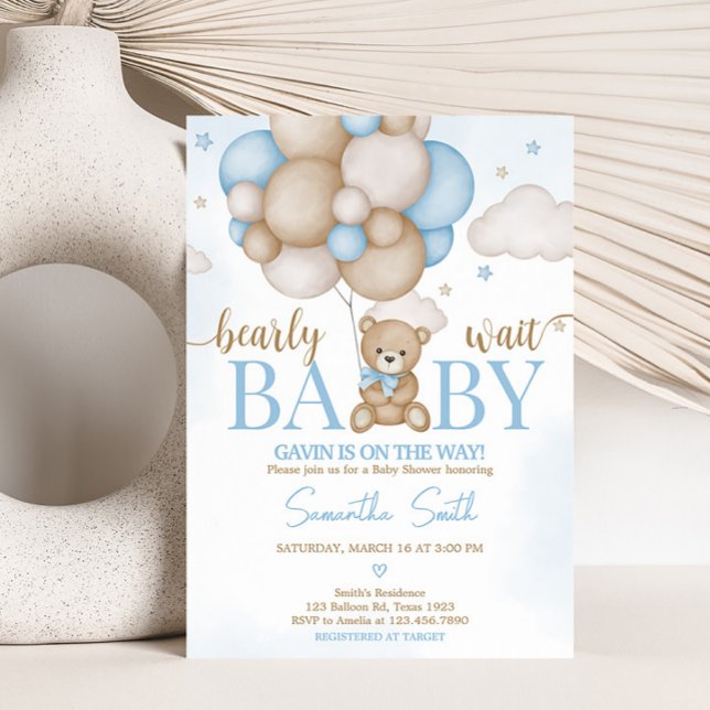Blue Bear Balloon Baby Dusche Einladung (Teddy Bear Balloon Baby Shower Invitation)