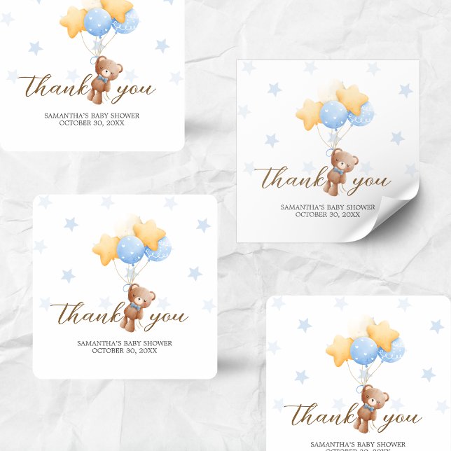 Blue Bear Balloon Baby Dusche Quadratischer Aufkleber (Boy We Can Bearly Wait Balloon Baby Shower Sticker)