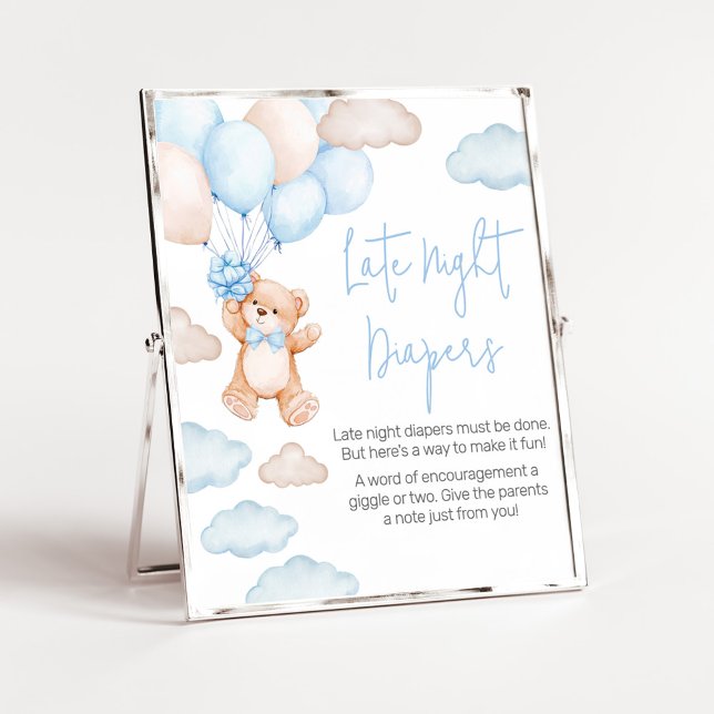 Blue Bear Balloon Baby Dusche Spate Night Diapers Poster (Blue Baby Bear Balloon Baby Shower Late Night Diapers Sign)