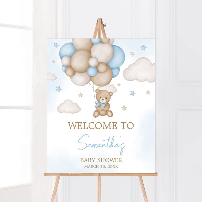 Blue Bear Balloon Baby Dusche Willkommen Poster (Teddy Bear Balloon Baby Shower Welcome Sign)