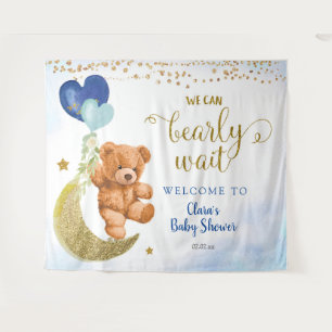 Blue Bear Balloon Baby Shower Sign Tapestry Wandteppich