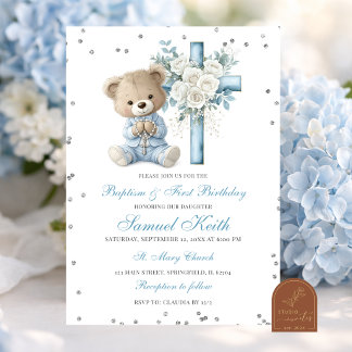 Blue Bear Baptism & First Birthday Invitation Einladung