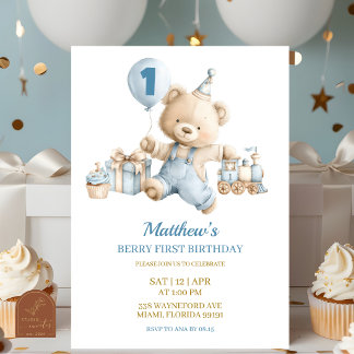 Blue Bear Boy Beary first birthday invitation Einladung