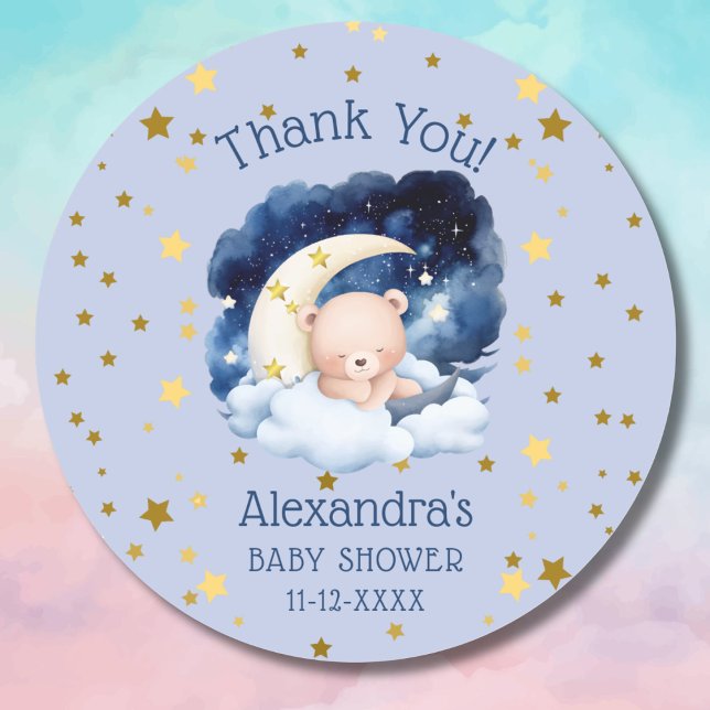 Blue Bear Gold Stars Moon Baby Dusche Vielen Dank Runder Aufkleber (Von Creator hochgeladen)