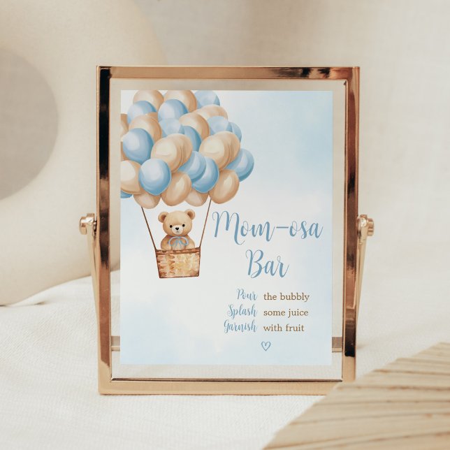Blue Bear Hot Air Ballon Baby Dusche Mama Osa Bar Poster (Boy Boho Bear Baby Shower Mom Osa Bar Sign)