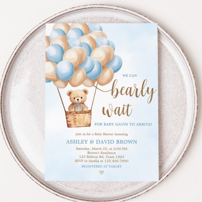 Blue Bear Hot Air Ballon Babydusche Einladung (Boy Boho Bear Baby Shower Invitation)