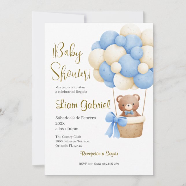 Blue Bear Spanish Baby Shower Boy invit Einladung (Vorderseite)