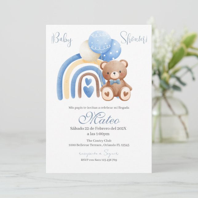 Blue Bear Spanish Baby Shower Boy invitation Einladung (Stehend Vorderseite)