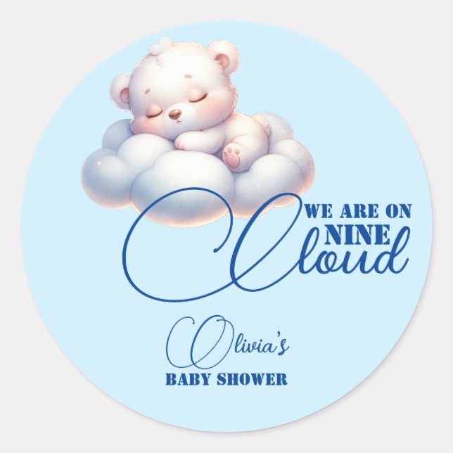 Blue Bear Wir sind auf Cloud 9 Baby Dusche Runder Aufkleber (Vorderseite)